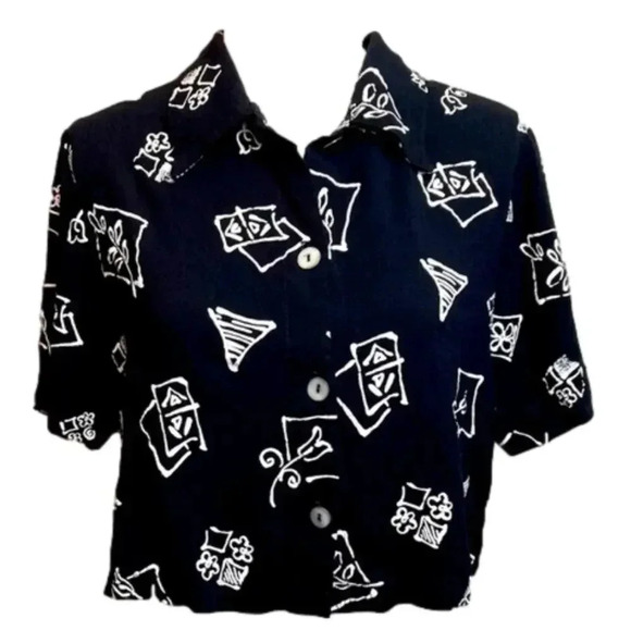 VINTAGE Notations button up crop top with black and white graphic print. - Picture 1 of 10